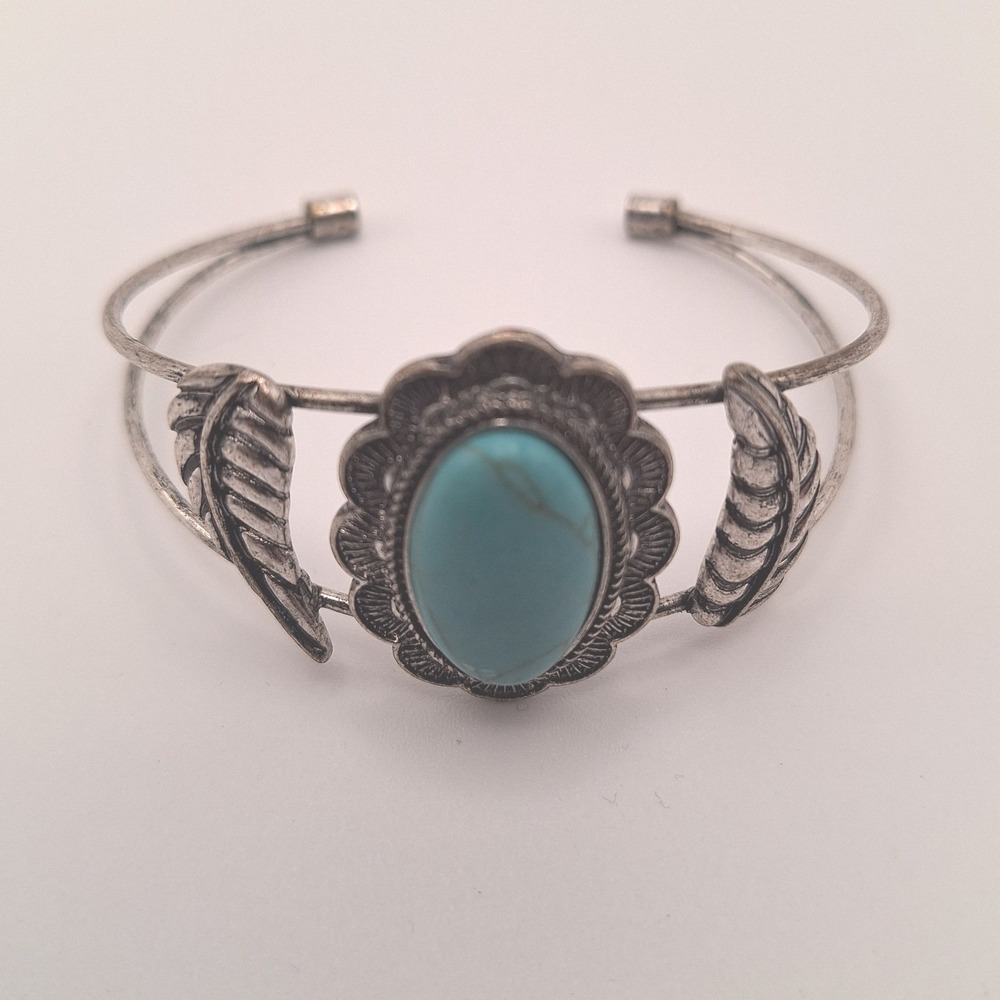 Southwestern blue stone feather cuff bracelet with split shank silver tone